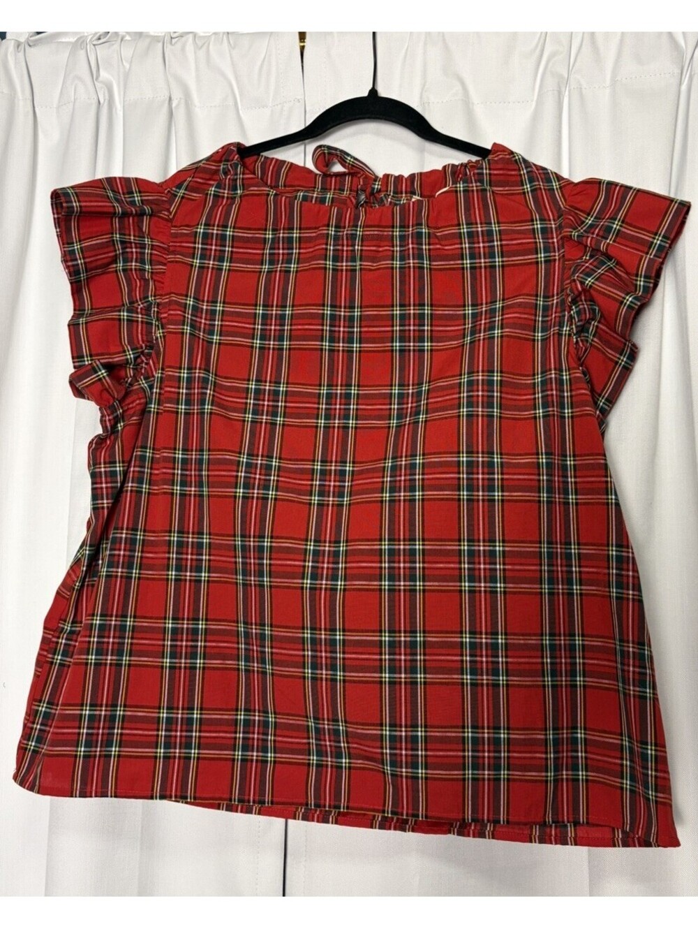 NWT Entro Red Plaid Flutter Sleeve Tie Neck Blouse. Size Large. Retail $48 - Picture 4 of 8